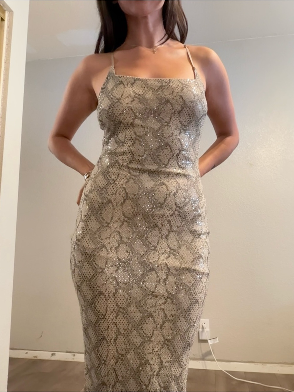 Sequin Snake-Print Slim Slip Dress in Champagne Size S/M